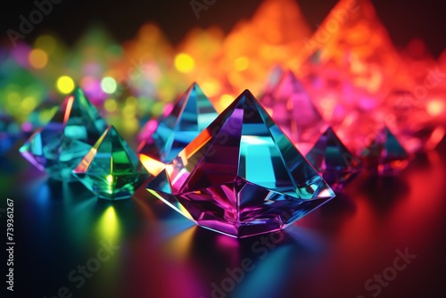Colorful glass prisms on black background. Colorful prism effect on black background. Crystal glass pyramid with colorful reflections photo