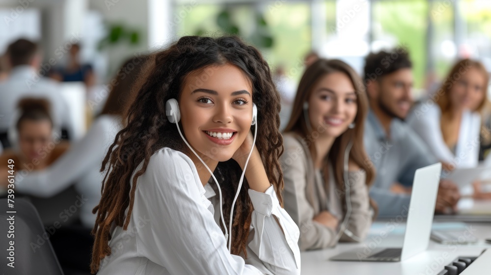 Smiling woman wearing headphones in an office with blurred background Smiling woman wearing headphones in an office with blurred background