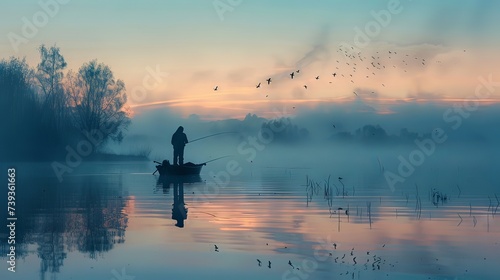 A lone fisherman in a boat is enveloped by the tranquil mist of a lake, with the first light of dawn creating a serene atmosphere.