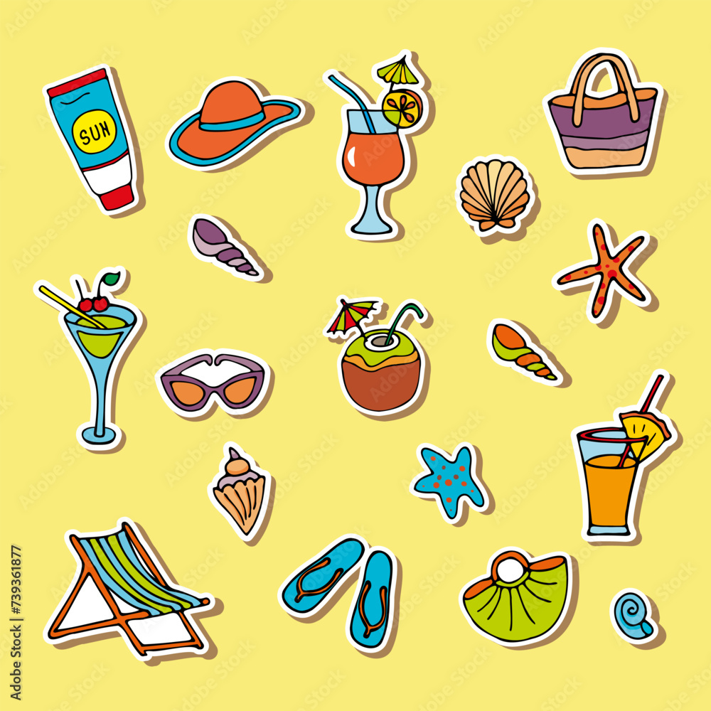 set of color vector stickers of beach items. beach accessories.