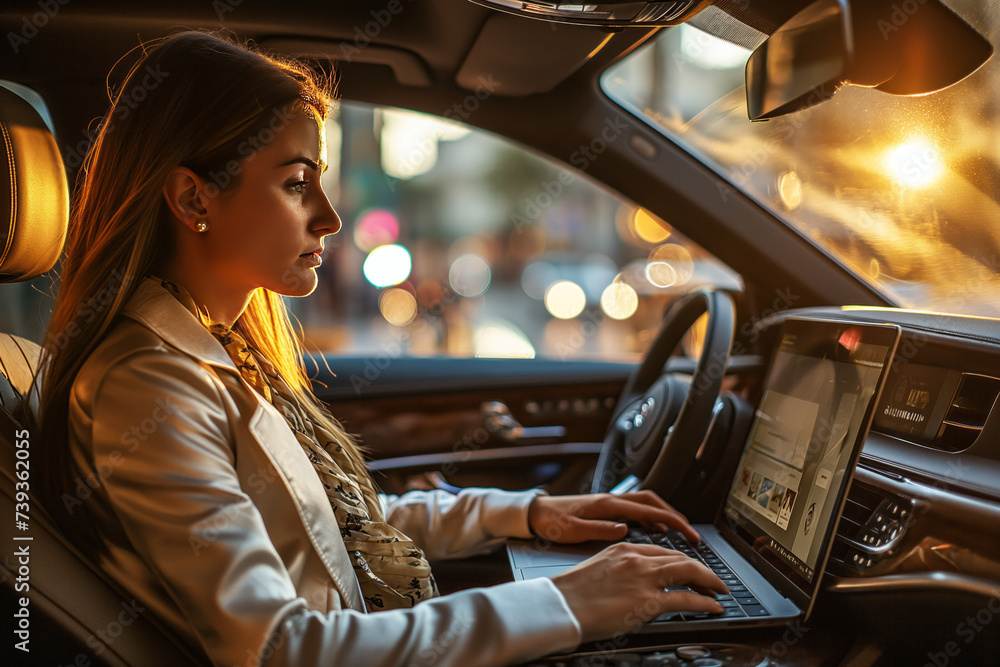 Businesswoman with laptop working in car. Businesswoman with laptop working in car.