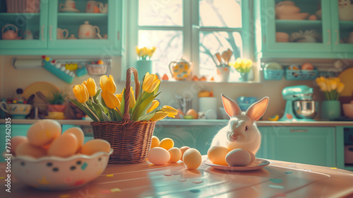 White rabbit sitting in a cosy kitchen at table during easter with colorful eggs and tulips. Happy easter theme in pastel colors.