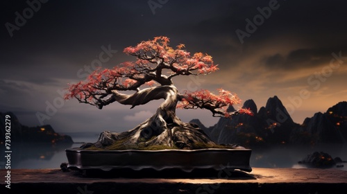 A twilight image of a Lychee Bonsai against a darkening sky, with warm artificial light accentuating the tree's form and creating a peaceful ambiance. photo