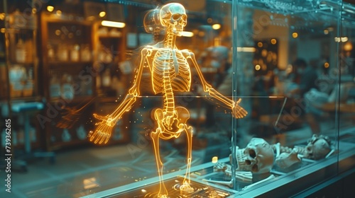 Hologram of the human skeletal system floating in midair Modern technology is used to diagnose human diseases. photo