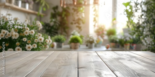 Indoor background with wooden empty table with copy space.