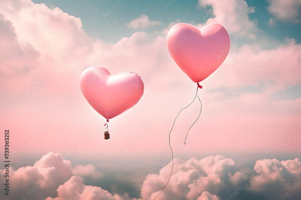 imagine: A heart-shaped balloon drifting lazily in a pastel pink sky, its string trailing behind like a thread connecting two souls, symbolizing a love that soars to new height