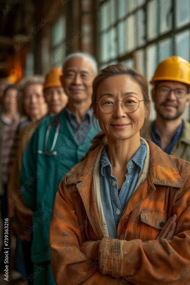 A group of people of different ages and ethnicities are standing in a factory. They are all wearing hard hats and safety glasses. The woman in the center is smiling and looking at the camera. A group of people of different ages and ethnicities are standing in a factory. They are all wearing hard hats and safety glasses. The woman in the center is smiling and looking at the camera.