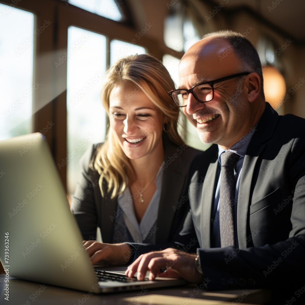 Fototapeta premium Business Colleagues Working Together On Laptop Smiling