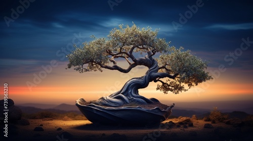 A twilight image of an Olive Bonsai against the dusky sky, with subtle ambient lighting that accentuates the silhouette of its branches and leaves.