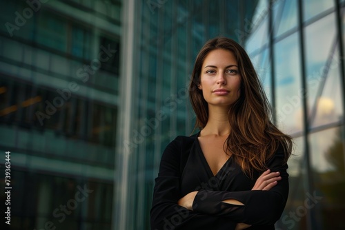 Confident young businesswoman standing with arms crossed in front of a modern glass office building. Concept of professional success, corporate leadership, and empowerment.
