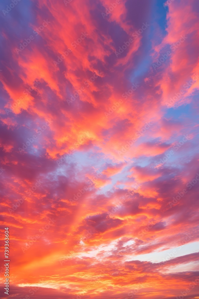 Red sunset sky with dense pink orange and yellow clouds