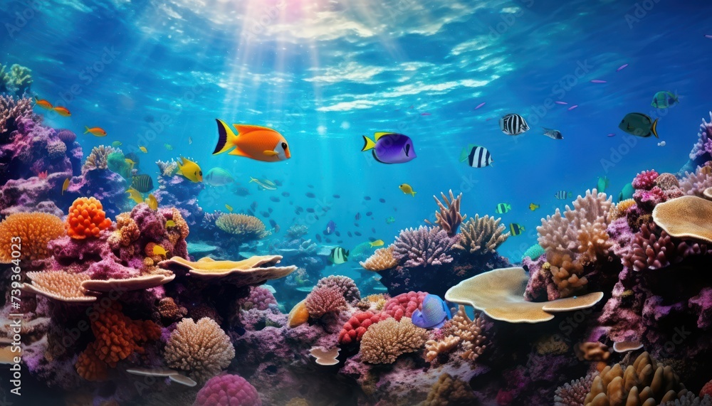 Naklejka premium Fish in the water, coral reef, underwater life, various fish and exotic coral reefs