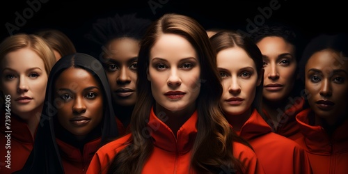 Diverse group of women some in red robes and one in black symbolizing contrasting viewpoints. Concept Female Empowerment, Diversity, Colorful Robes, Symbolism, Contrast