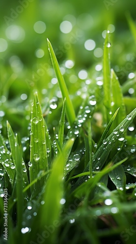 Close-up of green grass blades with dew drops