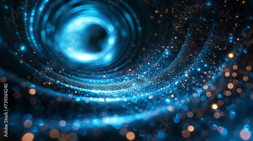 A dynamic and radiant blue vortex surrounded by intricate array of sparkling particles, vortex appears to be in motion, creating sense of depth and movement, related to space, technology, abstract art
