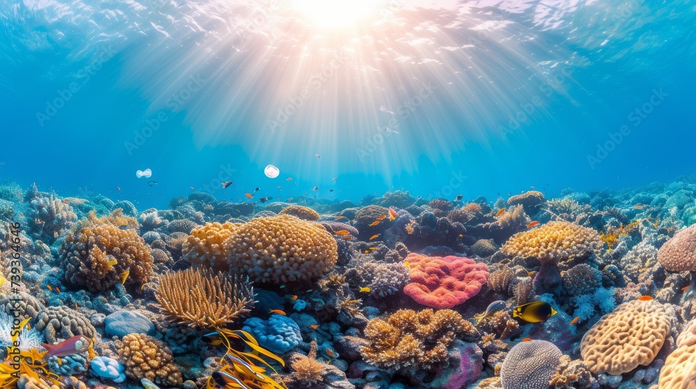 Fototapeta premium Underwater coral reef with a variety of fish swimming around