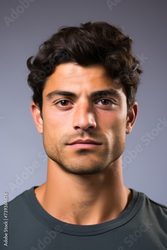 Portrait of a young man with curly brown hair and light brown eyes