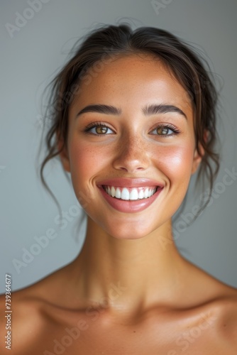 Close-up portrait of a beautiful young woman smiling with perfect white teeth and flawless skin