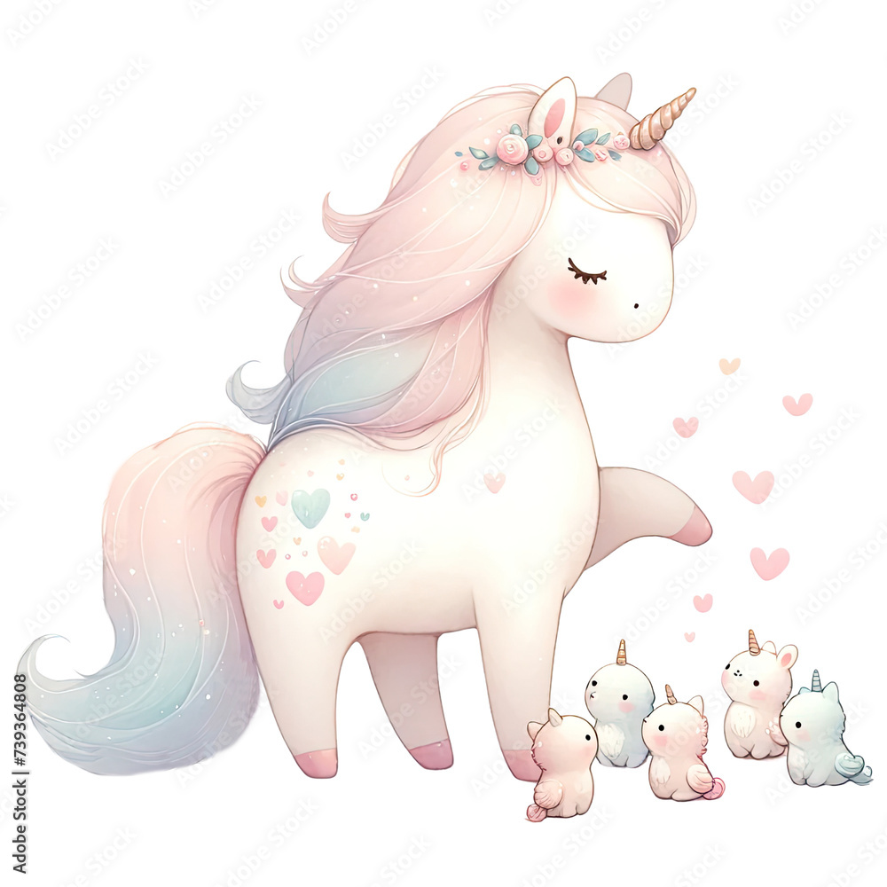 Watercolor Unicorn Clipart Surrounded by Baby Unicorns on Transparent Background