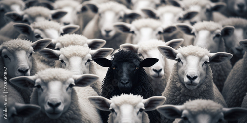 A black sheep surround with normal white sheep metaphor to be outstanding or unique, One black sheep in a flock of white sheep, 