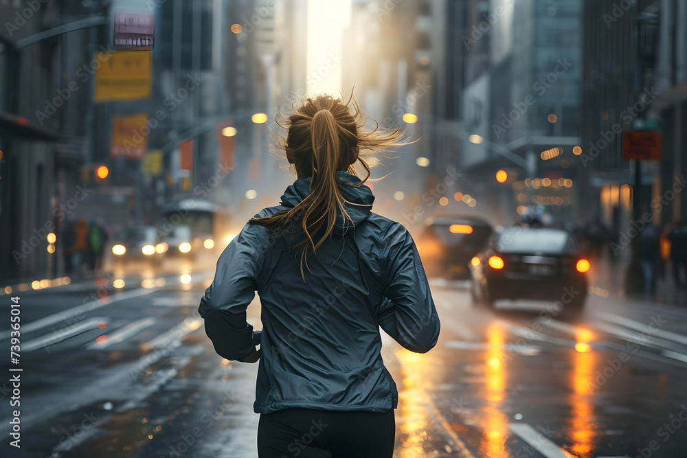 Woman Jogging in Rainy City Woman Jogging in Rainy City