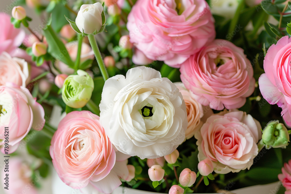 Close-up of a bouquet of pink and white flowers with a 