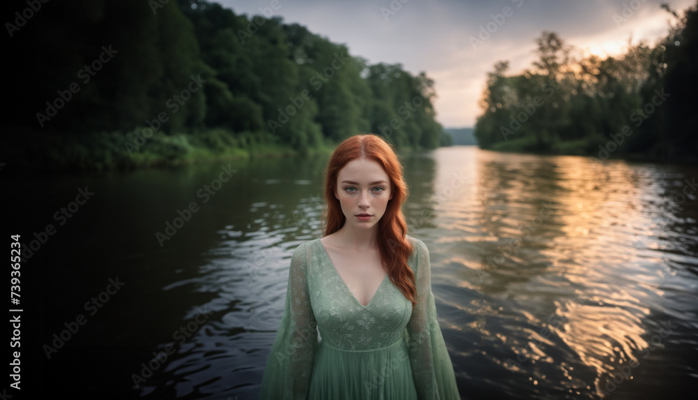 beautiful young woman with red hair in a dress in the river in summer