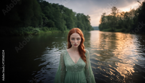 Obraz na płótnie beautiful young woman with red hair in a dress in the river in summer w salonie