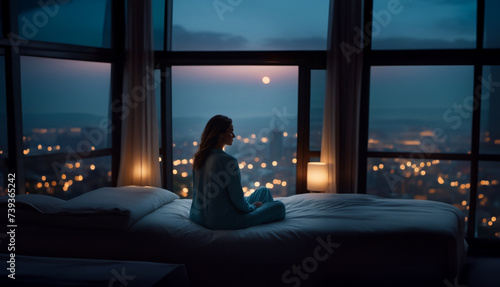 lonely woman sits on the bed at home with a view from the window of the city skyscrapers in the evening in the rain, alone in the city. © velimir