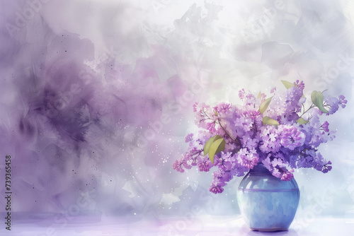 Watercolor illustration of lilacs in a vintage vase, soft pastels capturing the essence of Lilac Sunday, artistic and gentle