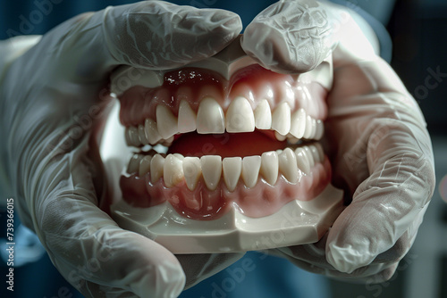 A dentist wearing rubber gloves holds a jaw model. The doctor shows impressions of teeth and gums. Oral and dental health. Selective focus on the model. Close-up. Dentistry and healthcare concept
