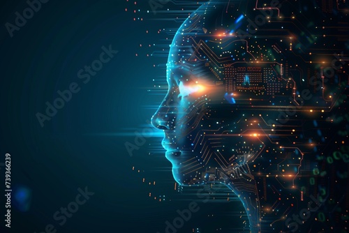 Side view of a humanoid head with blue and yellow eyes and vibrant neon neural network, representing futuristic technology and artificial intelligence. photo