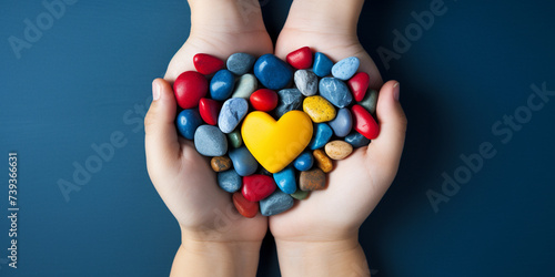 World autism awareness day Children hands in heart with multicolor stones photo