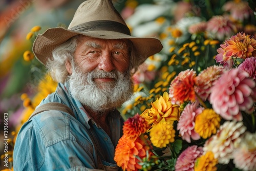 A fashionable man with a floral hat and rugged beard exudes natural charm as he stands amidst blooming flowers in the great outdoors