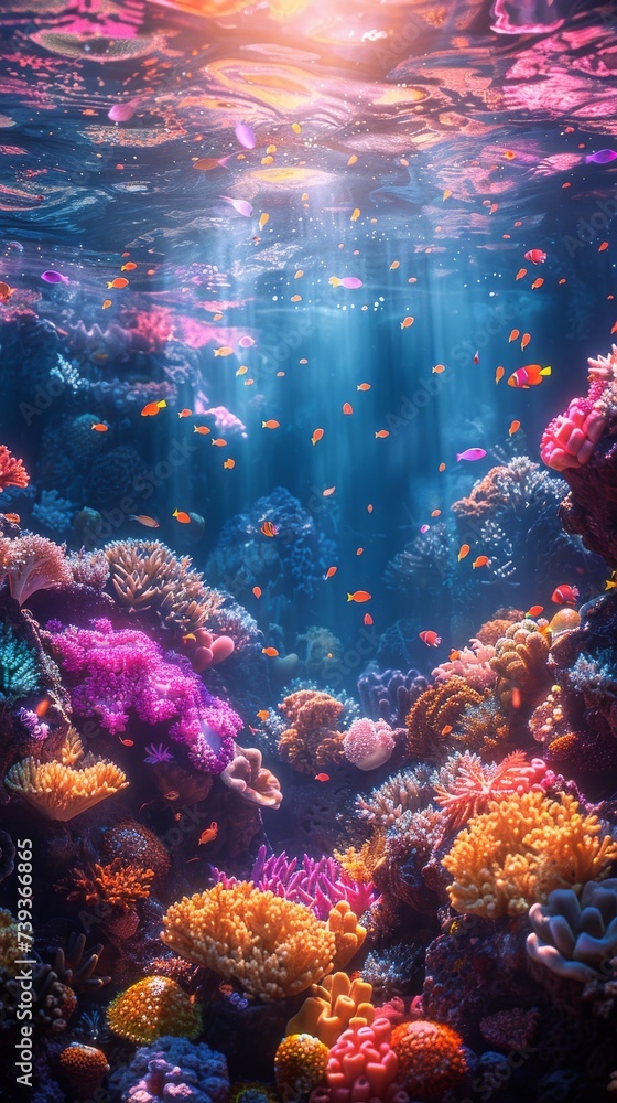 Fototapeta premium Collagen structure projection on a coral reef illuminating the underwater ecosystem with the scaffolding of life