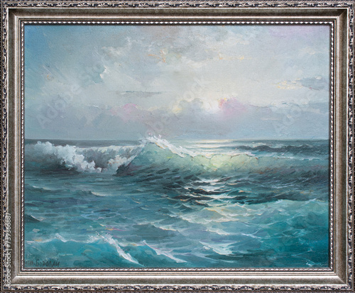 Oil painting seascape in frame. Fine art landscape. Cloudy sky, blue sea and waves.