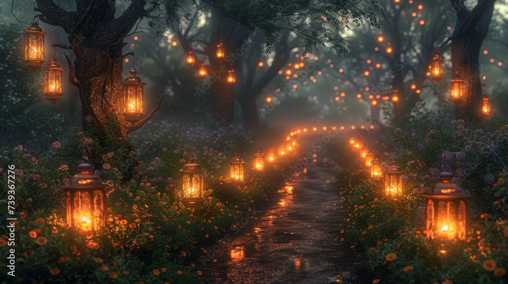 Citrine lanterns lighting an ancient path their warm glow interacting with the evening mist to create soft rainbows