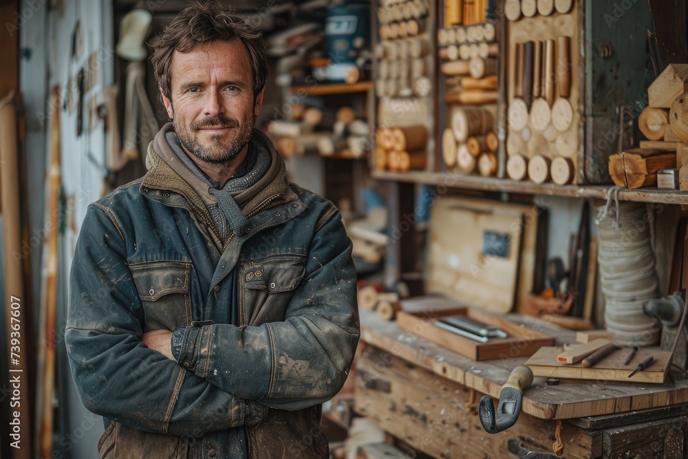 A rugged man, with a thick beard and clad in a stylish jacket, stands confidently in his workshop surrounded by shelves of carefully crafted clothing, exuding a sense of pride and skill in his trade A rugged man, with a thick beard and clad in a stylish jacket, stands confidently in his workshop surrounded by shelves of carefully crafted clothing, exuding a sense of pride and skill in his trade
