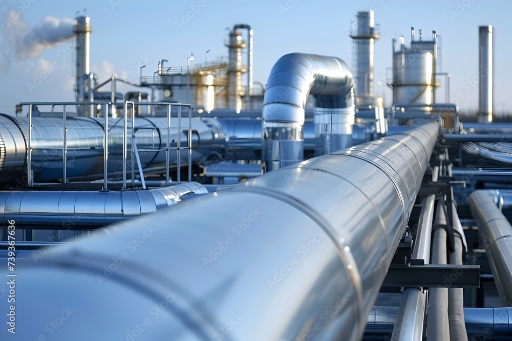 Sleek Metallic Petrochemical Plant with Sky-Blue and Dark Silver Pipes Sleek Metallic Petrochemical Plant with Sky-Blue and Dark Silver Pipes