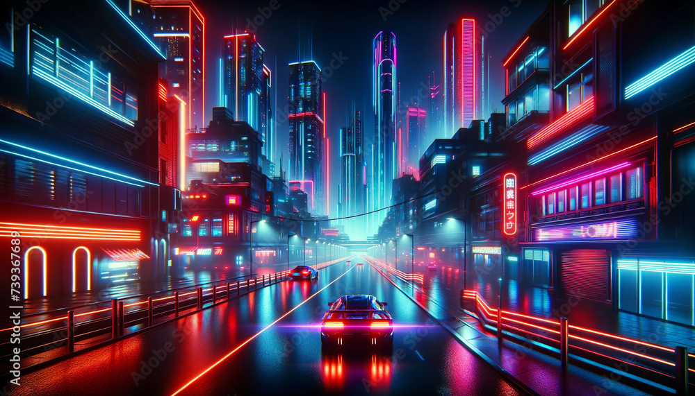 A futuristic cityscape at night with neon lights, skyscrapers, and a sports car driving on a wet street reflecting vibrant hues in a cyberpunk aesthetic.Cyberpunk concept.AI generated.