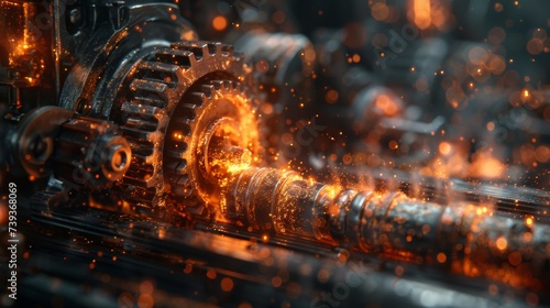 Automaton blacksmith forging enchanted swords gears whirring in rhythm with the hammer photo