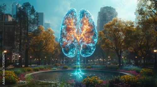 A spleen enhanced by an immune system booster device shown in a vibrant city park symbolizing protection and vitality