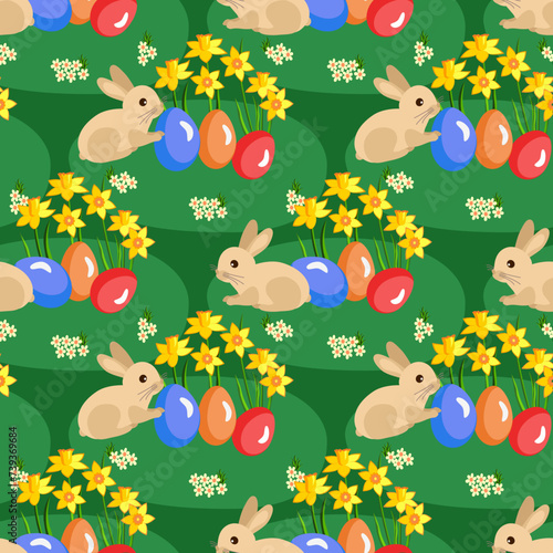 Vector - easter bunnies, eggs andflowers seamless pattern. photo