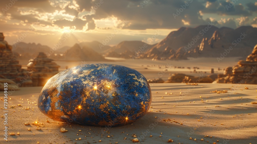 A lapis lazuli stone with gold flecks in a desert oasis where a mirage of an ancient city appears its golden domes shimmering in the heat - obrazy, fototapety, plakaty 