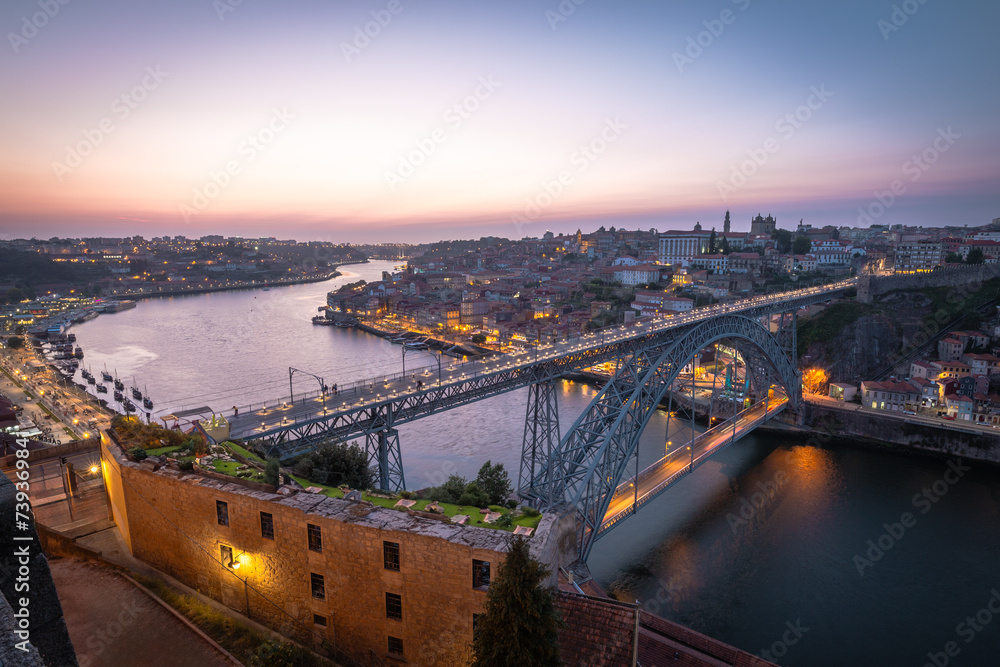 Portugal, Porto, Luis I Bridge on a sunset, the top view