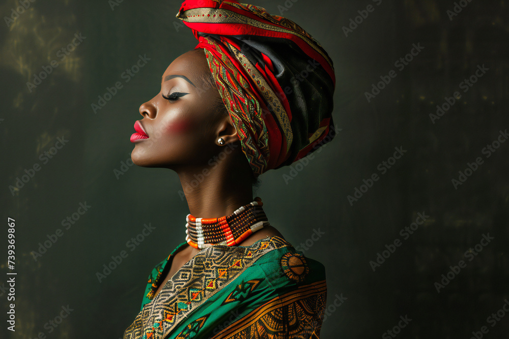Stylish African woman wearing traditional clothing in studio