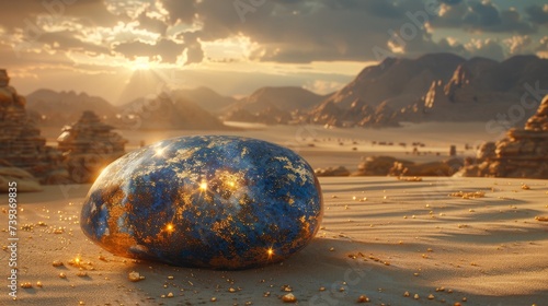 A lapis lazuli stone with gold flecks in a desert oasis where a mirage of an ancient city appears its golden domes shimmering in the heat photo