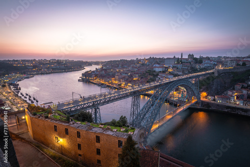 Portugal, Porto, Luis I Bridge on a sunset, the top view