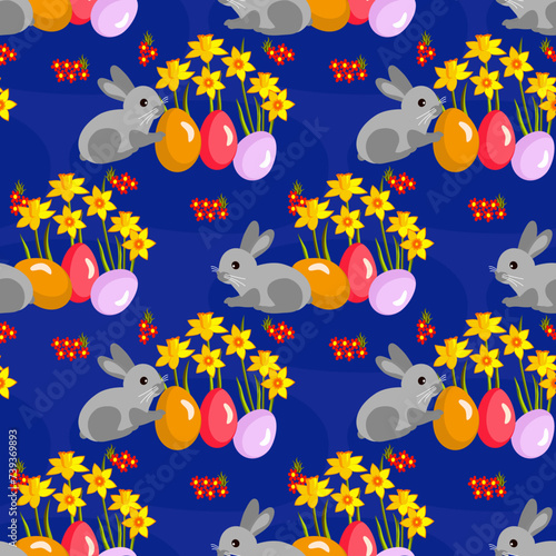 Fototapeta Naklejka Na Ścianę i Meble -  Vector - easter bunnies, eggs andflowers seamless pattern.