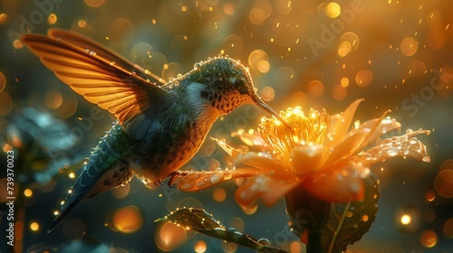 A hummingbird drawing nectar from a flower illuminated by the soft glow of citrine points nearby creating a magical aura around the scene